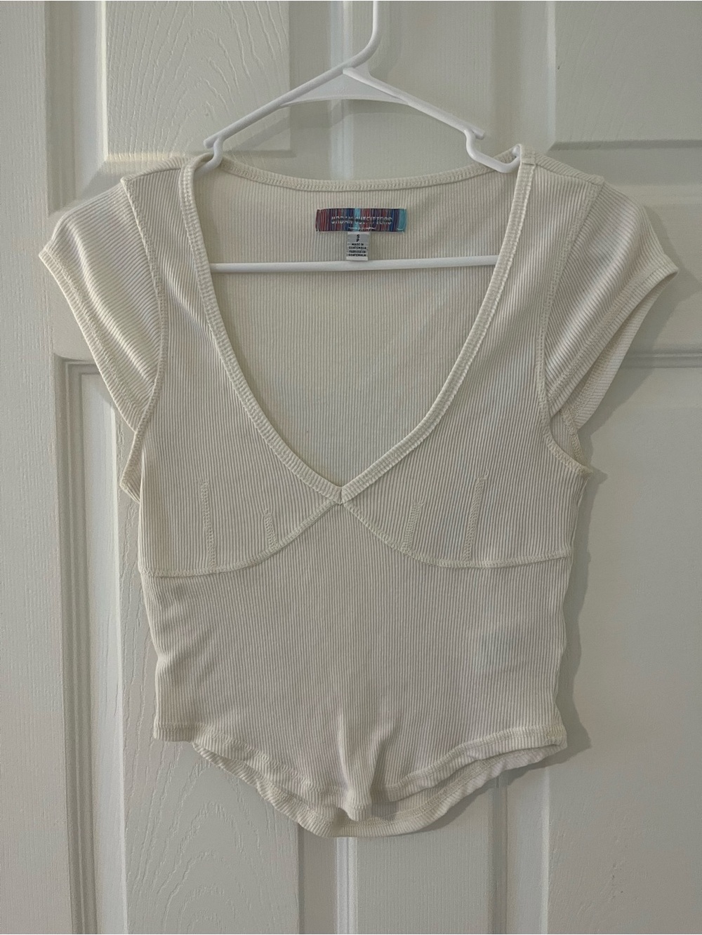 Urban Outfitters Cream Ribbed V-Neck Cap Sleeve Top